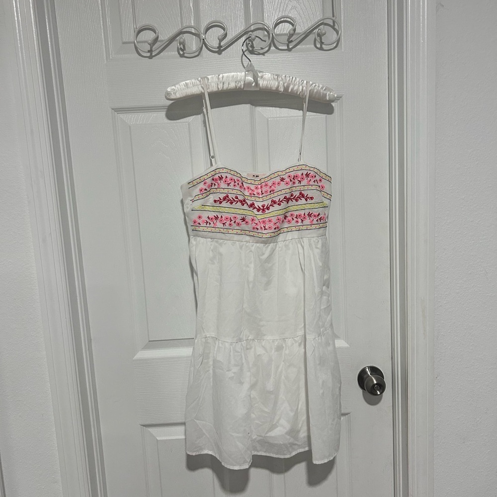 Mi Ami White Sundress with Pink Embroidered Floral Accents Spaghetti Straps.